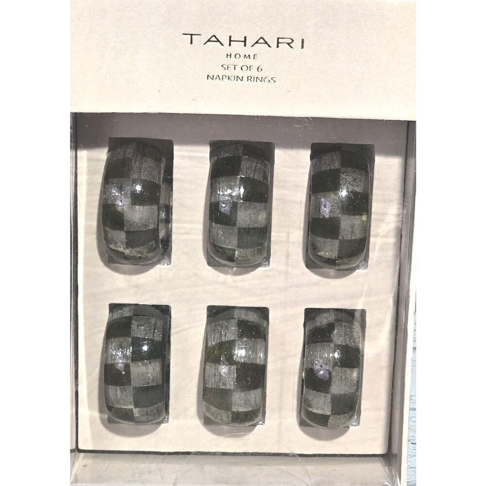 TAHARI NAPKIN RINGS CHECKERED PATTERN Green Pearlescent Set Of 6 Colorblock NWT